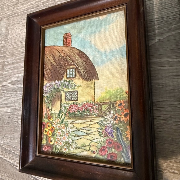 Set of Three Vintage Framed Cottage Prints on Fabric with Embroidered Flowers - Picture 4 of 12